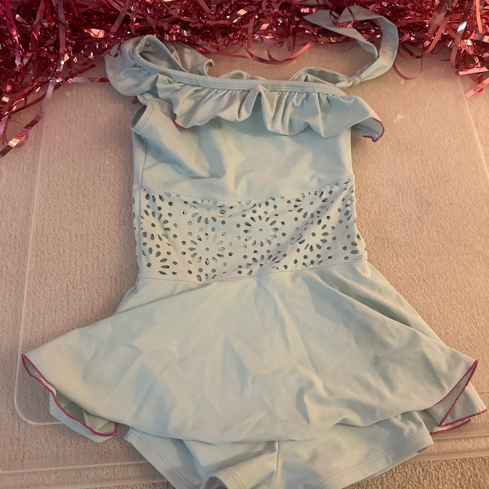 Blue Girls Swimsuit With Ruffled Sleeves and Skort (10)